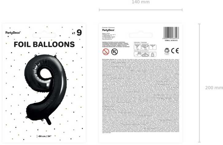 PartyDeco Folinis balionas "9" juodas, 86 cm