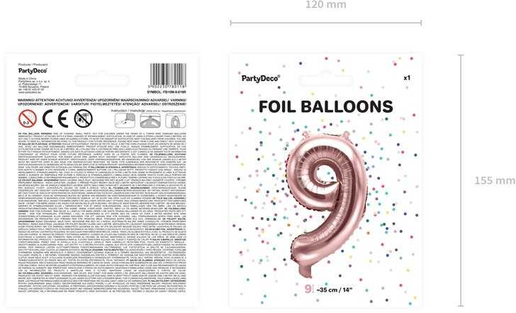 PartyDeco Folinis balionas "9" rožinio aukso, 35 cm