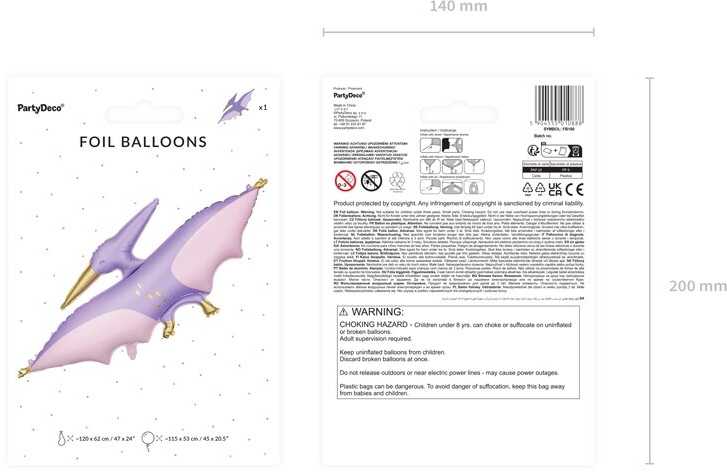 PartyDeco Folinis balionas Dinozauras Pterodaktilis, 120x62 cm