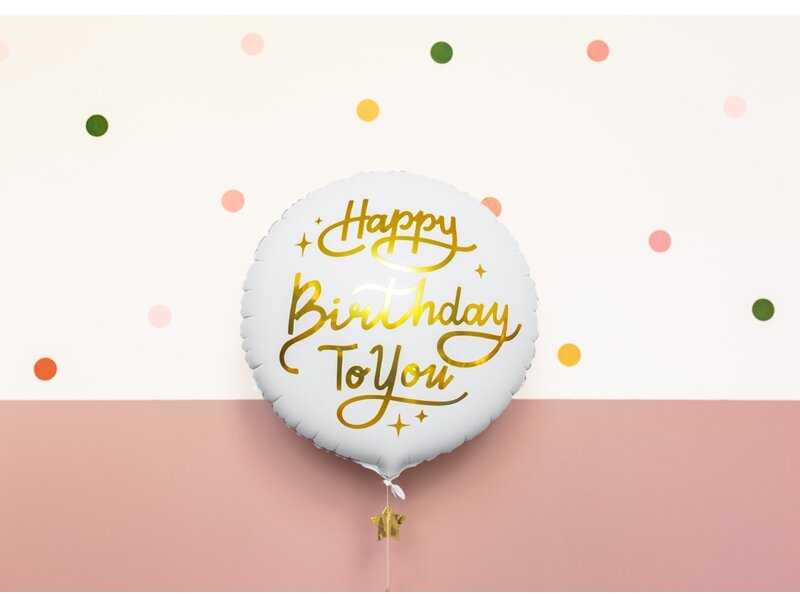 PartyDeco Folinis balionas "Happy birthday" baltas 35 cm