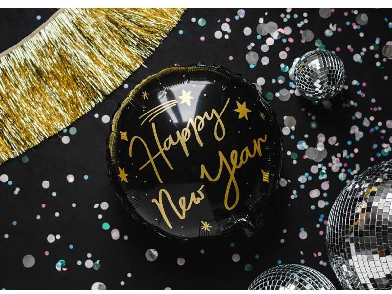 Juodas Happy New Year folinis balionas su dekoracijomis