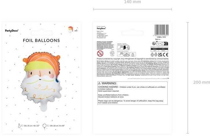 PartyDeco Folinis balionas Kalėdų senis 5vnt 26x31 cm