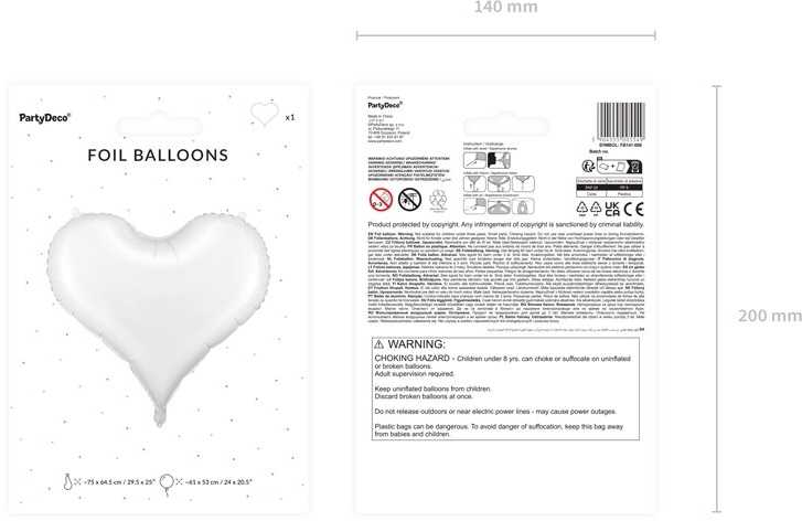 PartyDeco Folinis balionas Širdutė 75x64,5 cm, baltas