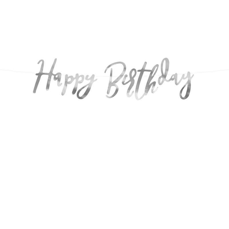 PartyDeco Girlianda Happy Birthday sidabrinė, 16.5x62cm