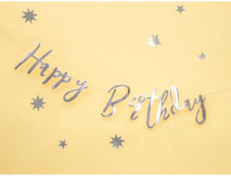 PartyDeco Girlianda Happy Birthday sidabrinė, 16.5x62cm
