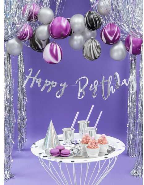 PartyDeco Girlianda Happy Birthday sidabrinė, 16.5x62cm