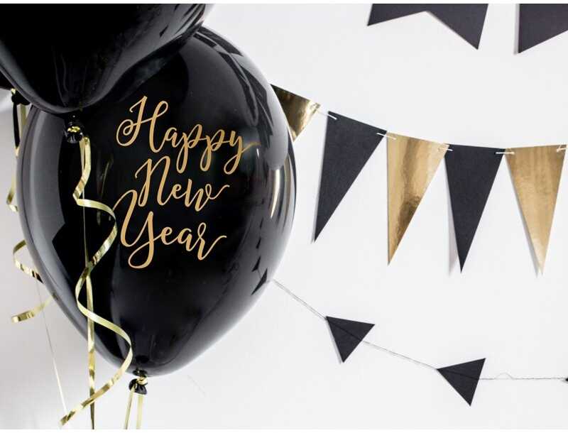 PartyDeco Juodi balionai Happy New Year, 6 vnt