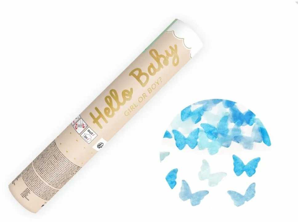 PartyDeco Konfeti patranka Melsvi drugeliai 20cm