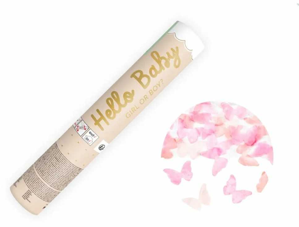 PartyDeco Konfeti patranka Rausvi drugeliai 20cm