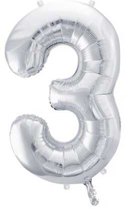PartyDeco Sidabrinis balionas Skaičius, 86cm, Skaičius: 3