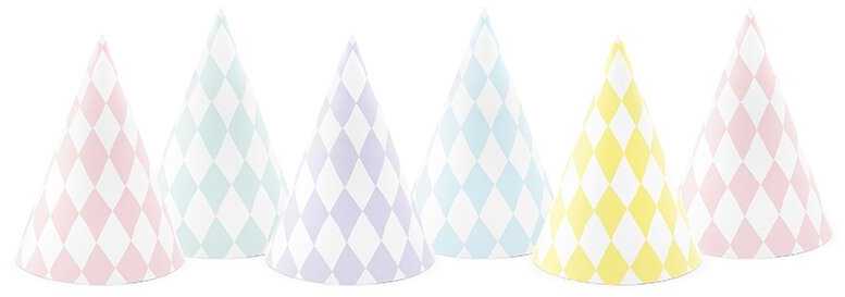 PartyDeco Šventinės kepurėlės "Pasteliniai kvadratukai" 6vnt