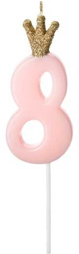 PartyDeco Žvakutė Skaičius su karūna, rausva 9,5cm, Skaičius: 8