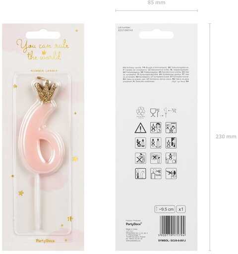 PartyDeco Žvakutė Skaičius su karūna, rausva 9,5cm, Skaičius: 2