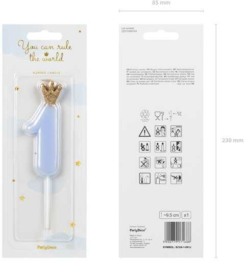 PartyDeco Žvakutė Skaičius su karūna, žydra 9,5cm, Skaičius: 2