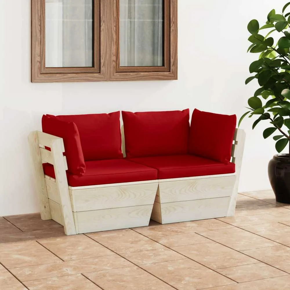 Lauko baldų komplektas Dvivietė sodo sofa iš palečių su pagalvėlėmis, eglės mediena