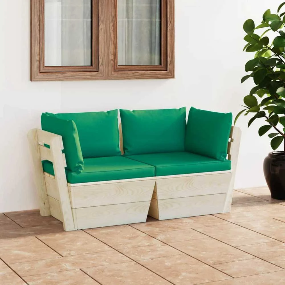 Lauko baldų komplektas Dvivietė sodo sofa iš palečių su pagalvėlėmis, eglės mediena
