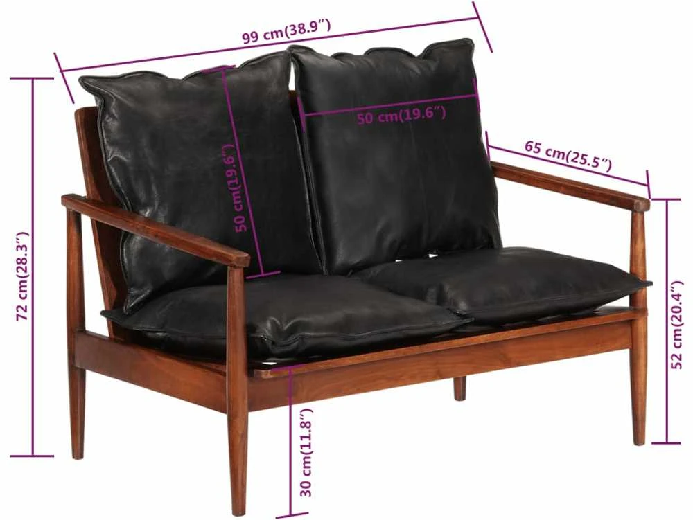 Dvivietė sofa, juodos spalvos, tikra oda ir akacijos masyvas