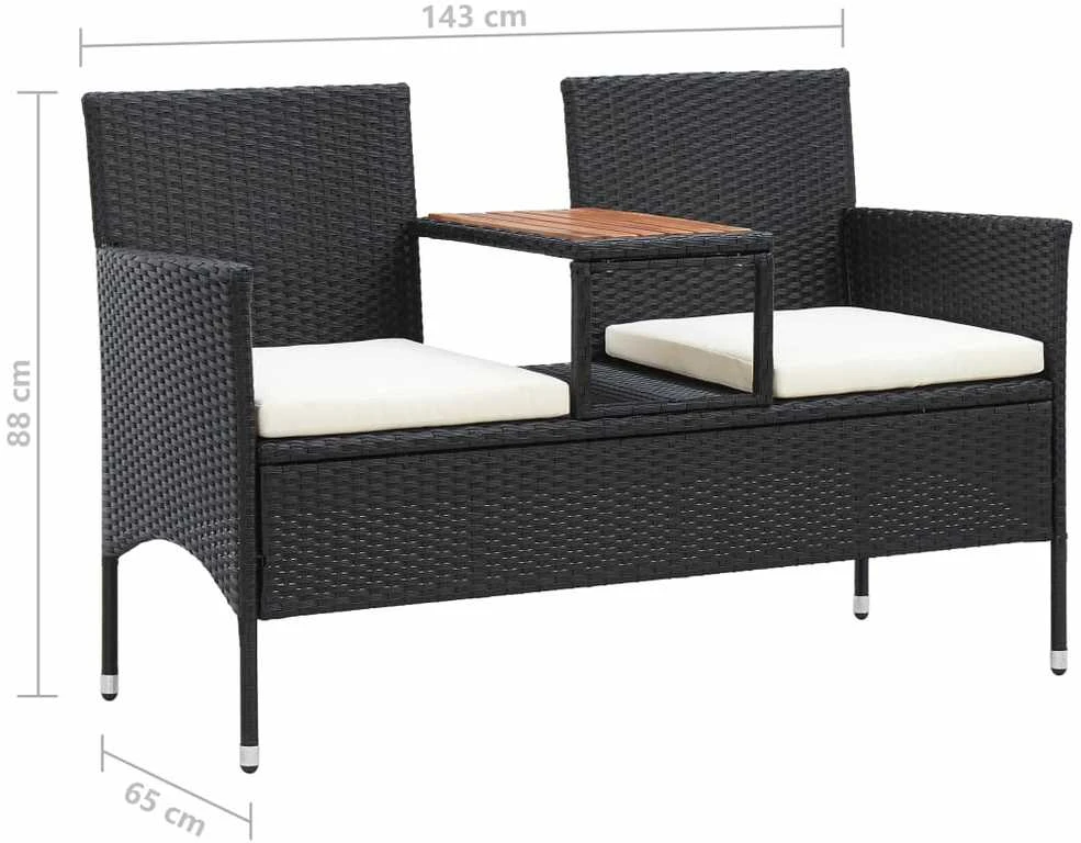 Dvivietis suoliukas su staliuku, juodas, 143cm, poliratanas