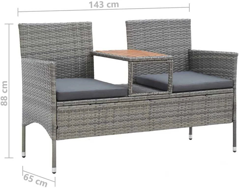 Dvivietis suoliukas su staliuku, pilkas, 143cm, poliratanas