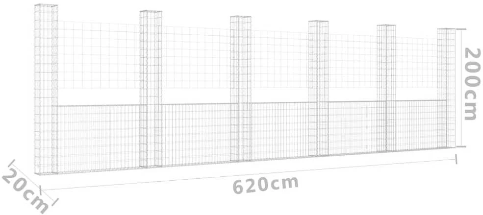 Gabionų krepšiai su 6 kolonomis, 620x20x200cm, geležis