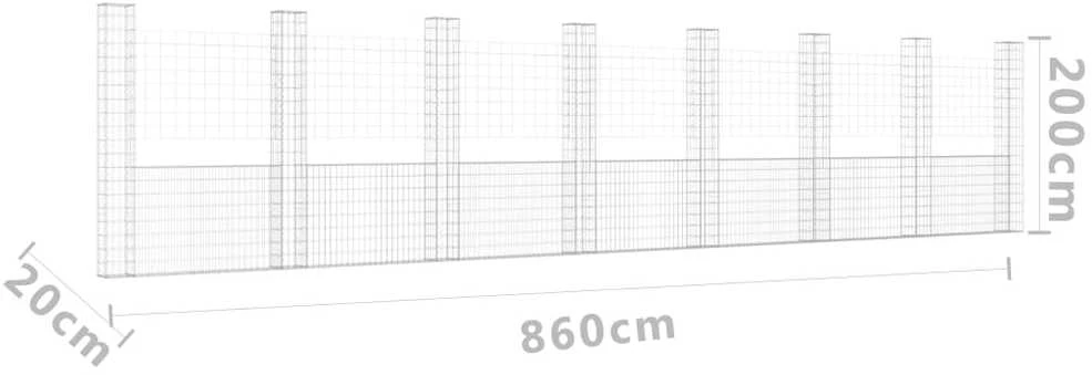 Gabionų krepšiai su 8 kolonomis, 860x20x200cm, geležis
