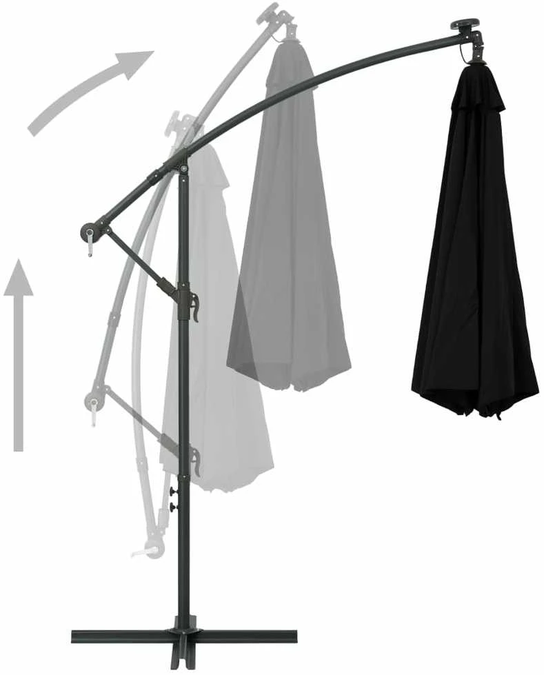 Gembinis skėtis su LED ir plieniniu stulpu, juodas, 300cm