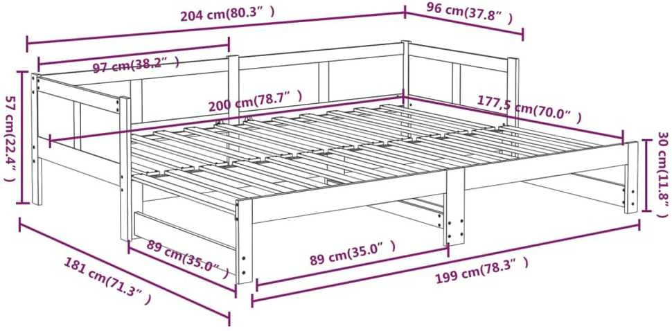 Ištraukiama lova, juoda, 2x(90x200)cm, pušies medienos masyvas