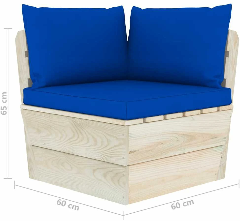 Kampinė sodo sofa iš palečių su pagalvėlėmis, impregnuota eglė