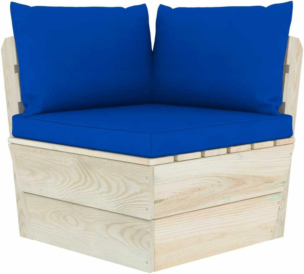 Kampinė sodo sofa iš palečių su pagalvėlėmis, impregnuota eglė