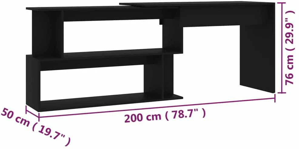 Kampinis rašomasis stalas, juodas, 200x50x76cm, mediena