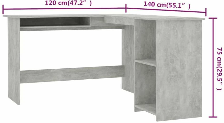 Kampinis stalas, betono, 120x140x75cm, mediena, L formos