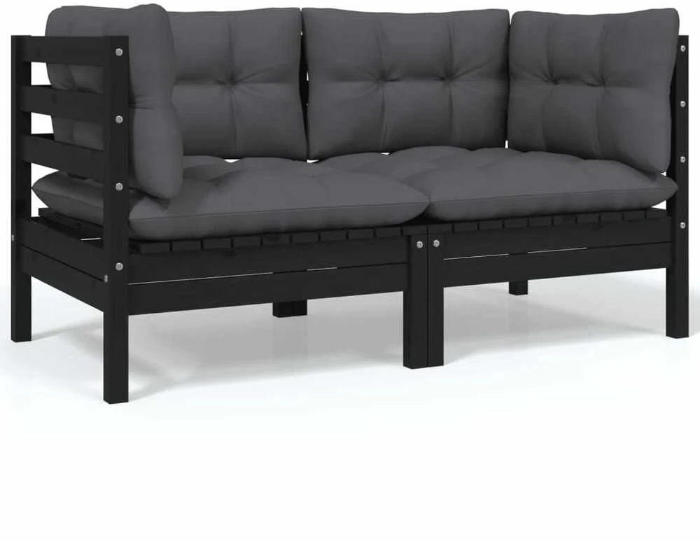 Dvivietė sodo sofa su pagalvėlėmis, juoda, pušies masyvas
