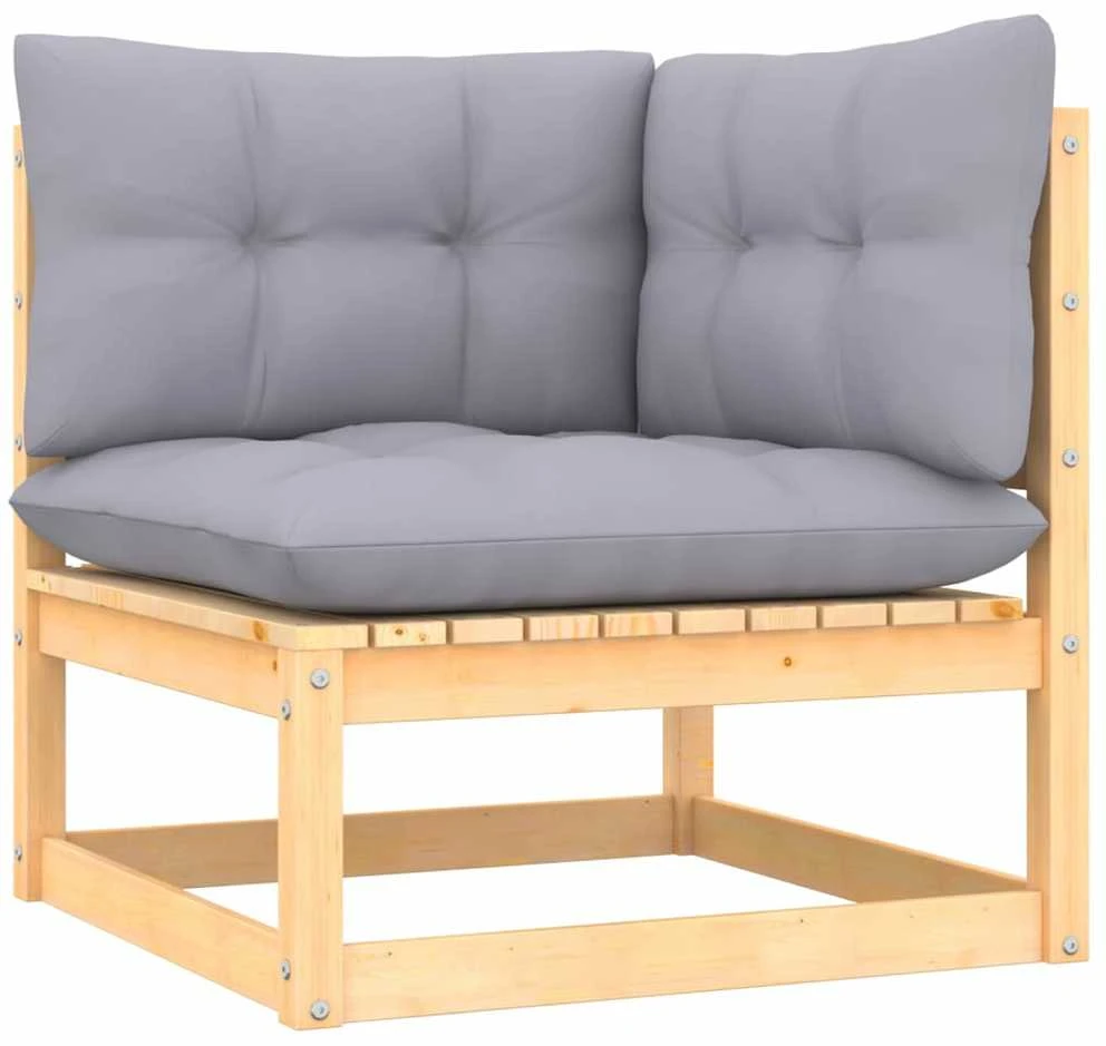 Kampinė sodo sofa su pilkomis pagalvėlėmis, pušies masyvas