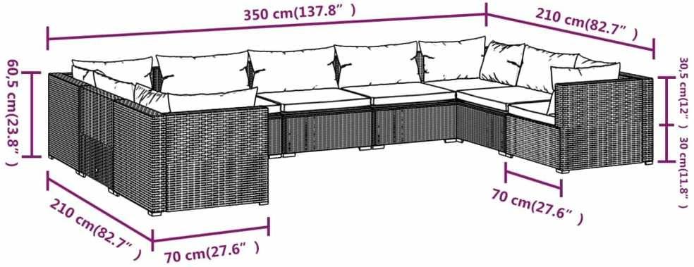 Sodo komplektas su pagalvėlėmis, 9 dalių, rudas, poliratanas