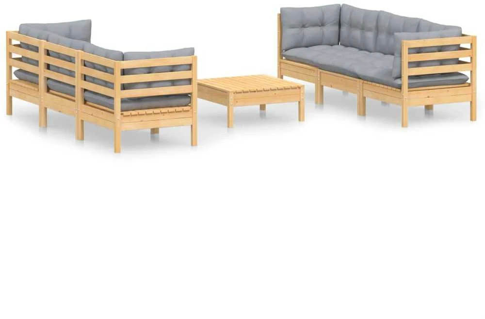 Lauko baldų komplektas Sodo komplektas su pilkomis pagalvėmis, 7 dalių, pušis