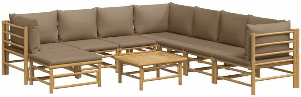 Lauko baldų komplektas Sodo komplektas su taupe pagalvėlėmis, 9 dalių, bambukas