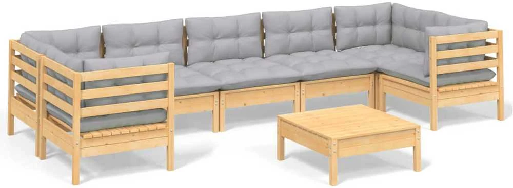 Lauko baldų komplektas Sodo komplektas su pilkomis pagalvėmis, 8 dalių, pušis