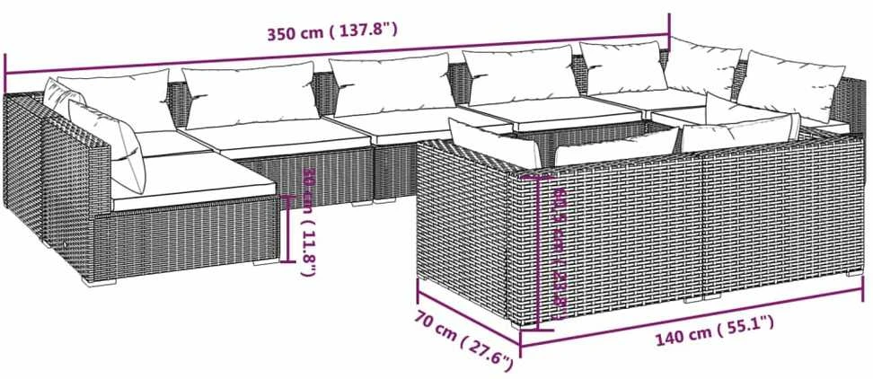 Lauko baldų komplektas Sodo komplektas su pagalvėlėmis, 9 dalių, rudas, poliratanas