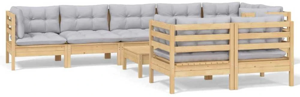 Lauko baldų komplektas Sodo komplektas su pilkomis pagalvėmis, 9 dalių, pušis