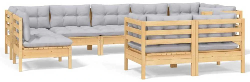 Lauko baldų komplektas Sodo komplektas su pilkomis pagalvėmis, 9 dalių, pušis
