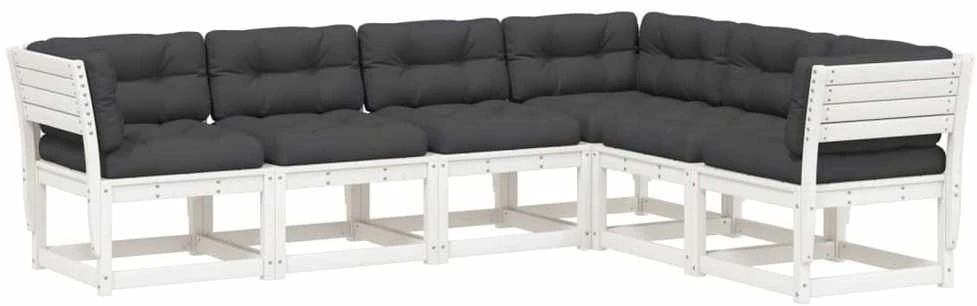 Lauko baldų komplektas Sodo sofos komplektas su pagalvėlėmis, 6 dalių, baltas, pušis