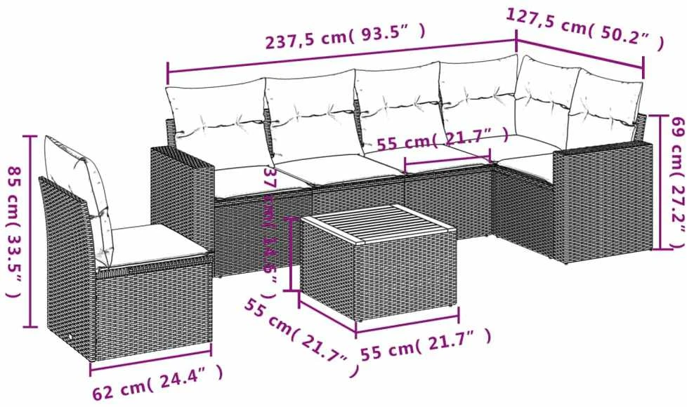 Sofos komplektas su pagalvėlėmis, 7 dalių, juodas, poliratanas