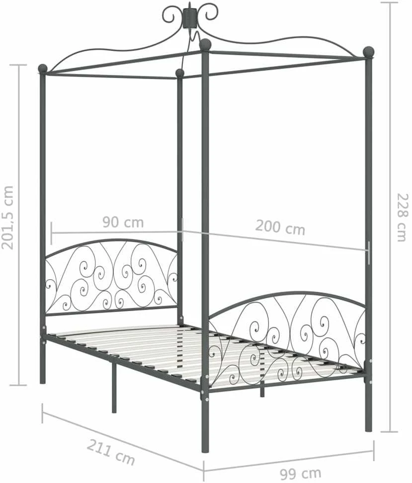 Lovos rėmas su baldakimu, pilkos spalvos, 90x200cm, metalas