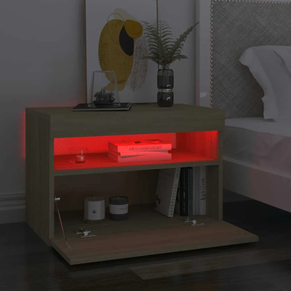 Naktinė spintelė su LED, sonoma ąžuolo, 60x35x40cm, mediena