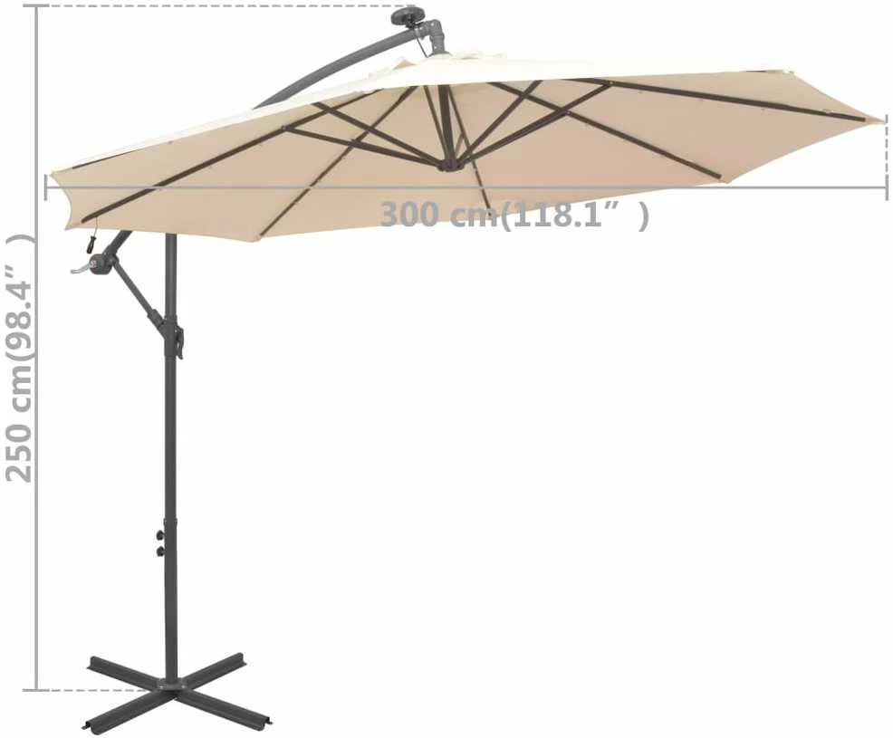 Pakabinamas skėtis su LED, smėlio, 300cm, metalinis kotas