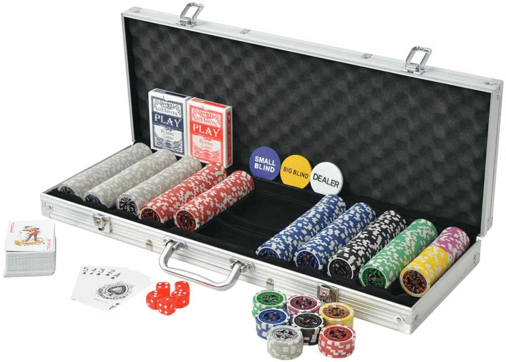Pokerio rinkinys su 500 žetonų su vertėmis, aliuminis