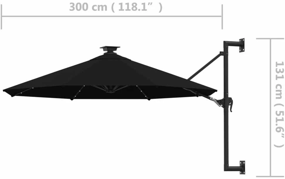 Prie sienos montuojamas sodo skėtis su LED, juodas, 300cm