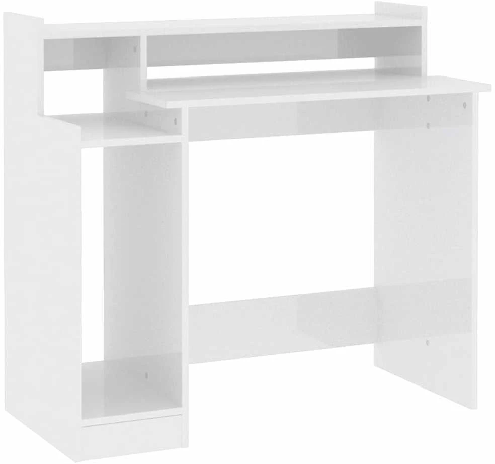 Rašomasis stalas su LED, baltas, 97x45x90cm, mediena, blizgus