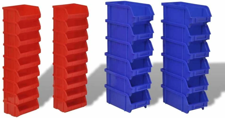 Sieninis Garažo Stelažas su 30 Plastmasinių Dėžių, Mėlynų ir Raudonų