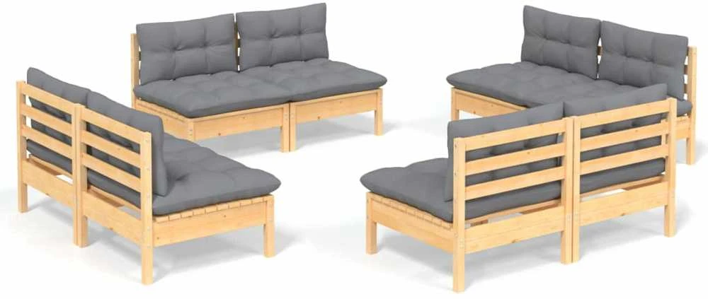 Lauko baldų komplektas Sodo komplektas su pilkomis pagalvėmis, 8 dalių, pušis